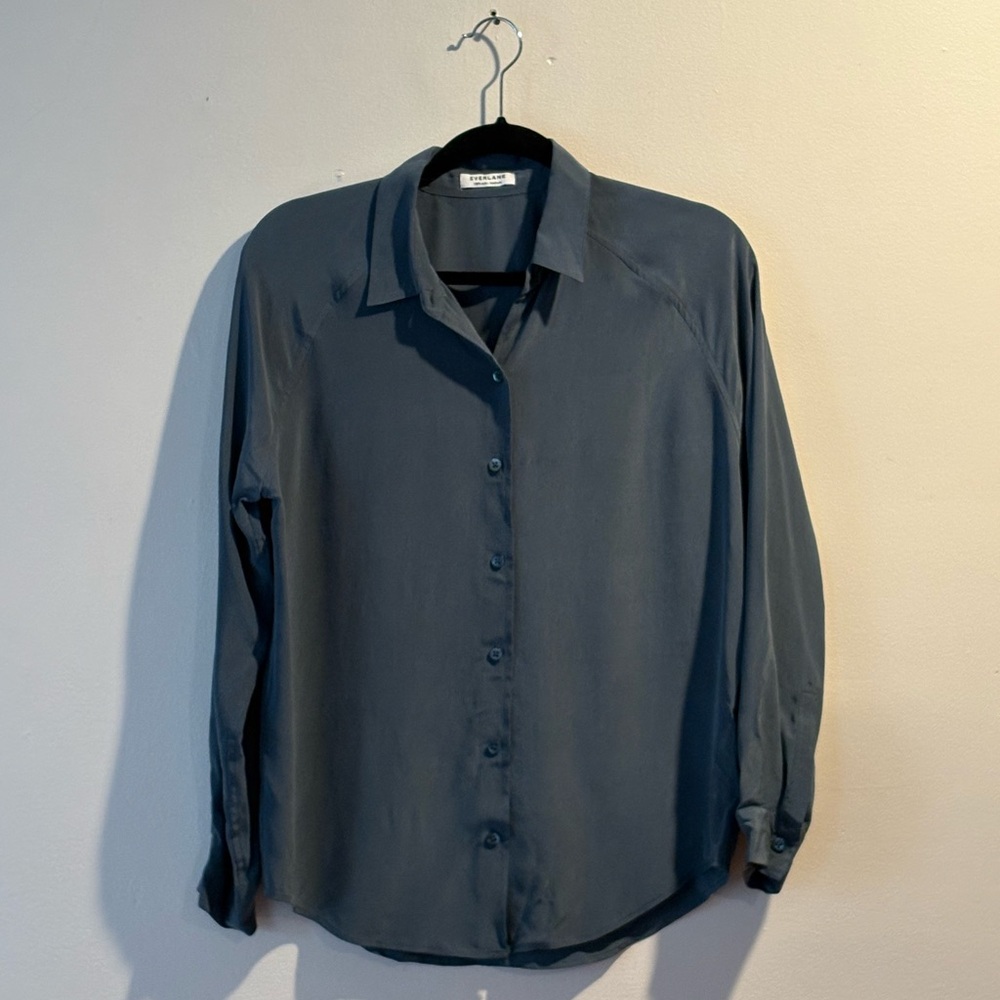 Everlane Silk Crewneck Button Down in Slate Blue